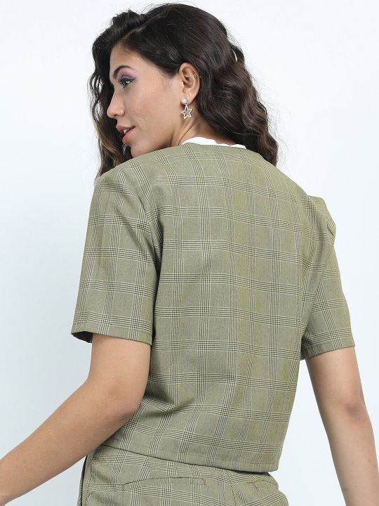 Tokyo Talkies Women Green Checked Double Breasted Casual Crop Blazer
