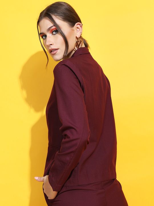 Tokyo Talkies Women Maroon Solid Single-Breasted Formal Blazer