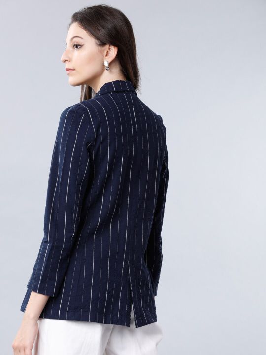 Tokyo Talkies Women Navy Blue Striped Double-Breasted Casual Pure Cotton Blazer