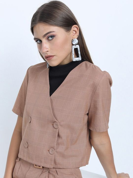 Tokyo Talkies Women Pink Checked Crop Double-Breasted Blazer