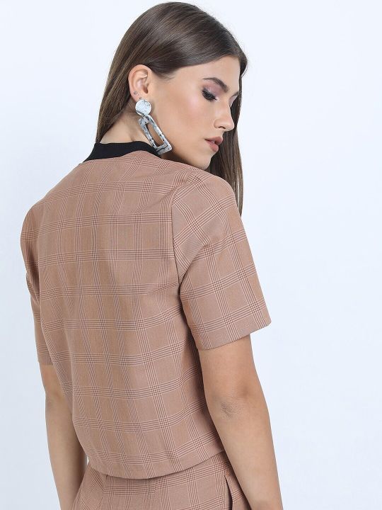 Tokyo Talkies Women Pink Checked Crop Double-Breasted Blazer