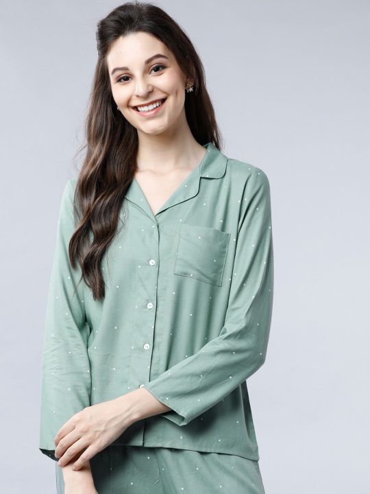 Tokyo Talkies Women Sea Green Polka Dot Printed Night Suit