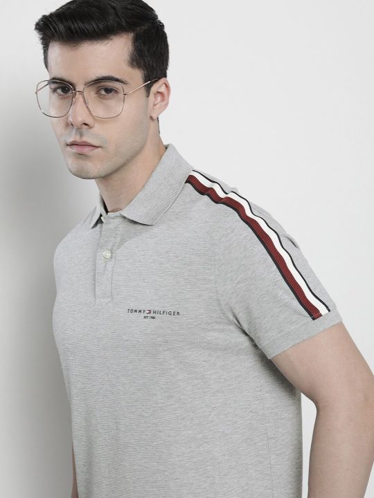 Tommy Hilfiger Men Brand Logo Striped Polo Collar Pure Cotton T-shirt