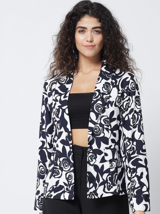 Trend Arrest Women Black & White Printed Blazers