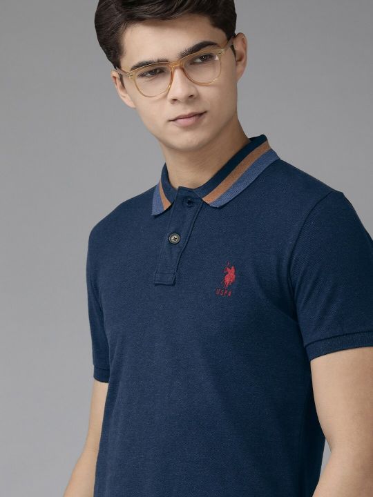 U.S. Polo Assn. Men Navy Blue Polo Collar Indigo Pure Cotton Slim Fit T-shirt