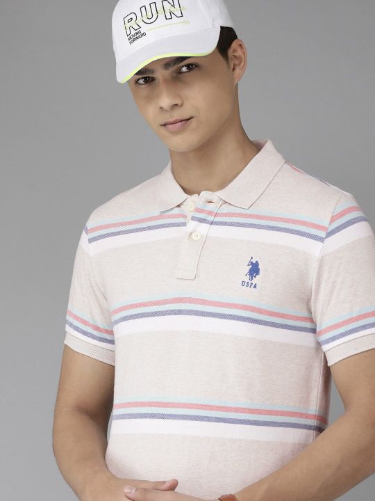 U.S. Polo Assn. Men Off White Striped Pure Cotton Polo Collar Slim Fit T-shirt