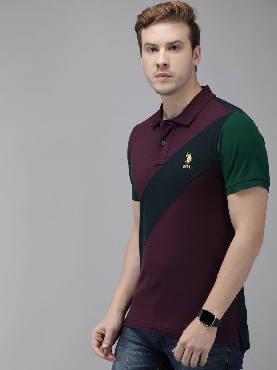 U.S. Polo Assn. Men Purple & Navy Blue Striped Pure Cotton Slim Fit T-shirt