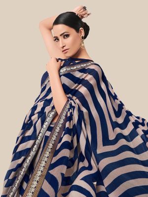 UNITED LIBERTY Blue Striped Brasso Saree