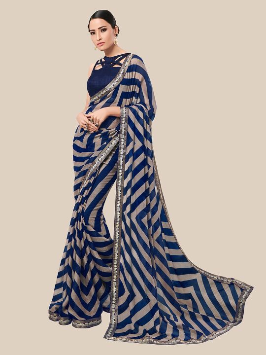UNITED LIBERTY Blue Striped Brasso Saree
