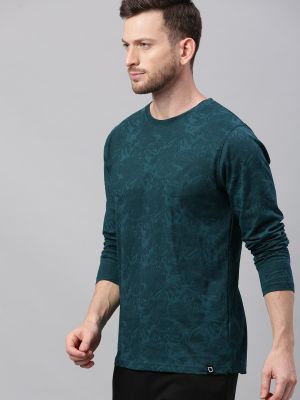 Urbano Fashion Men Teal Green Slim Fit Tropical Printed Pure Cotton T-shirt