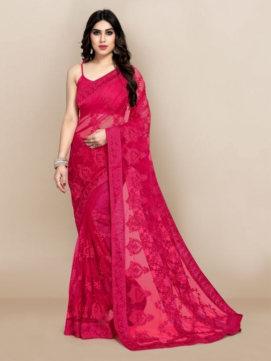 VAIRAGEE Pink Floral Embroidered Net Saree