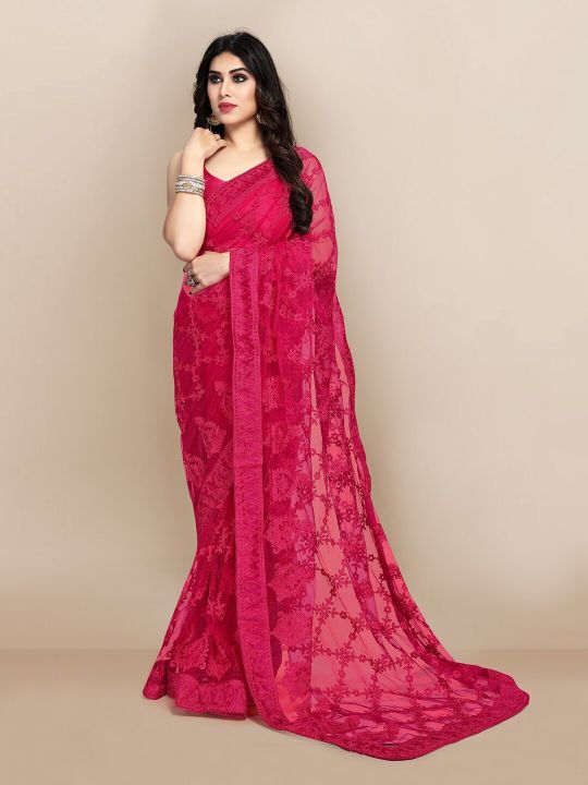 VAIRAGEE Pink Floral Embroidered Net Saree
