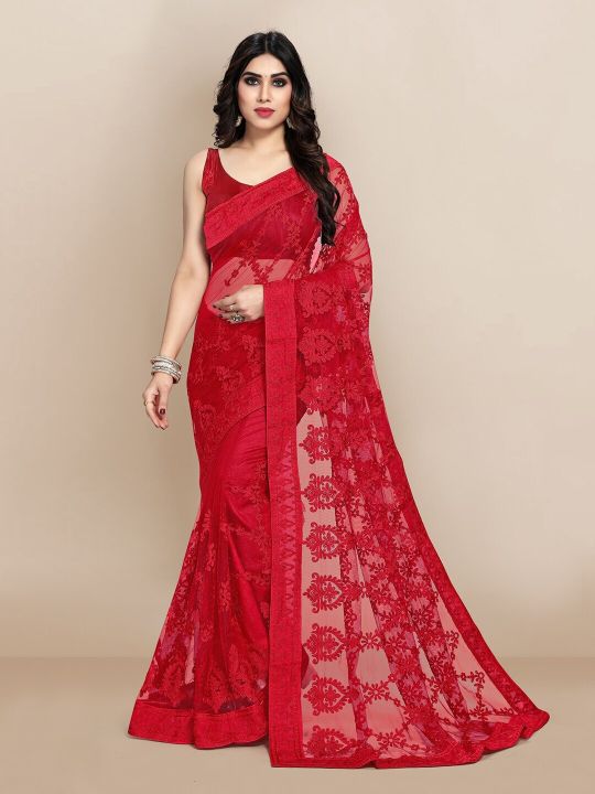 VAIRAGEE Red Ethnic Motifs Embroidered Net Saree