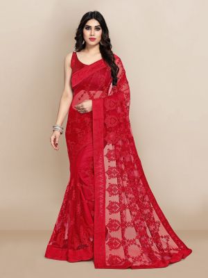 VAIRAGEE Red Ethnic Motifs Embroidered Net Saree