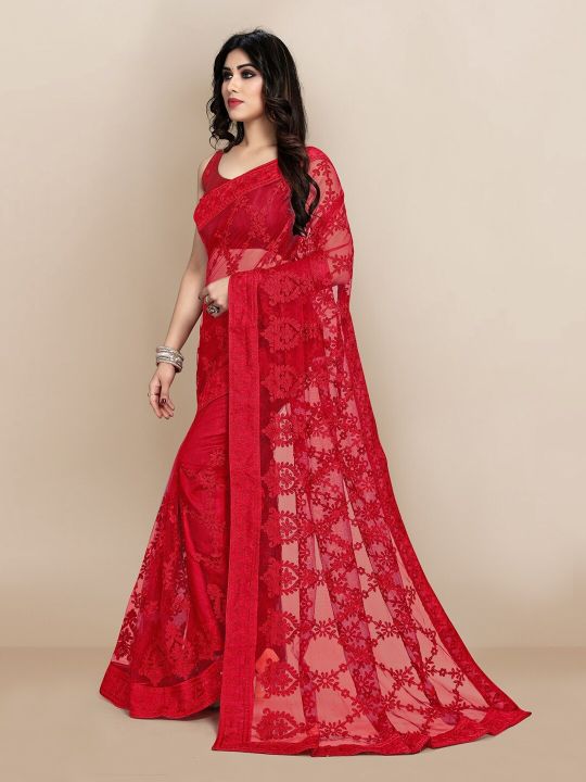 VAIRAGEE Red Ethnic Motifs Embroidered Net Saree