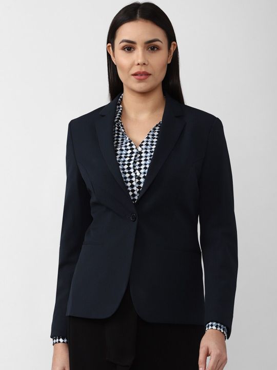 Van Heusen Woman Women Navy Blue Solid Single Breasted Blazer
