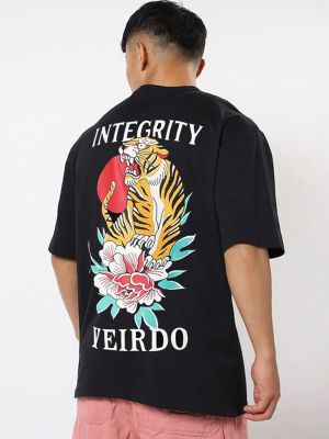 VEIRDO Men Black Printed Cotton Oversize T-shirt