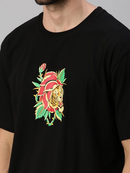 VEIRDO Men Black Printed Cotton Oversize T-shirt