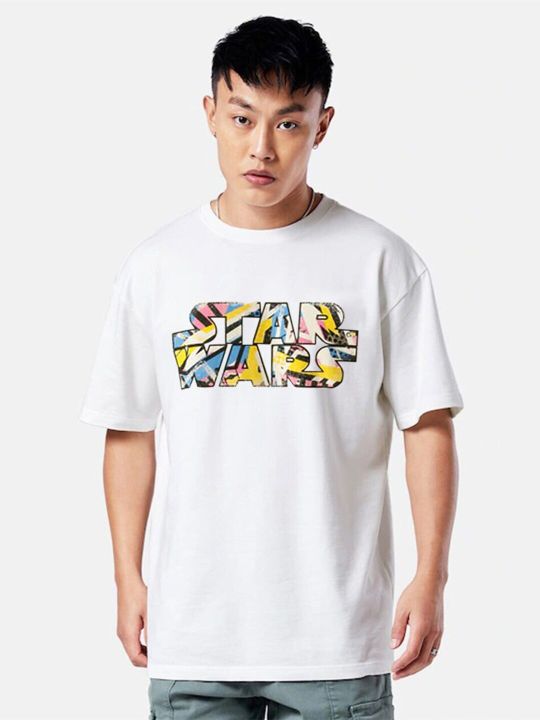 VEIRDO Men White Typography Star Wars Printed Loose T-shirt
