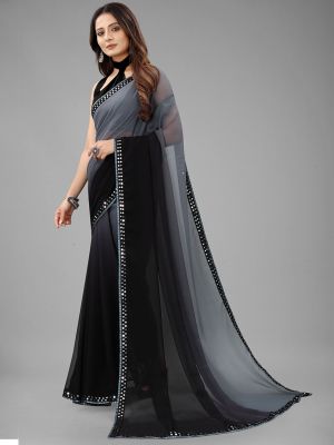 WILORI Colourblocked Mirror Work Pure Georgette Saree