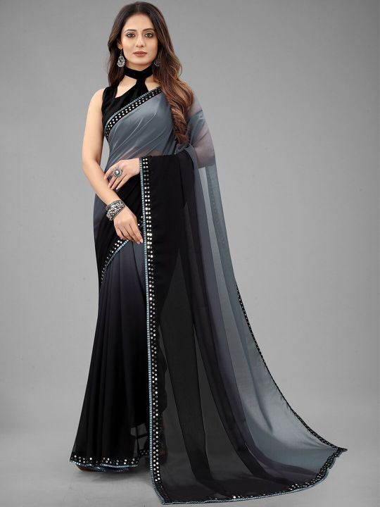 WILORI Colourblocked Mirror Work Pure Georgette Saree