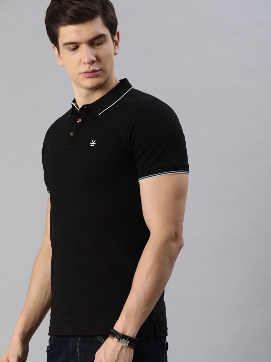 WROGN Men Black Solid Polo Collar Pure Cotton T-shirt