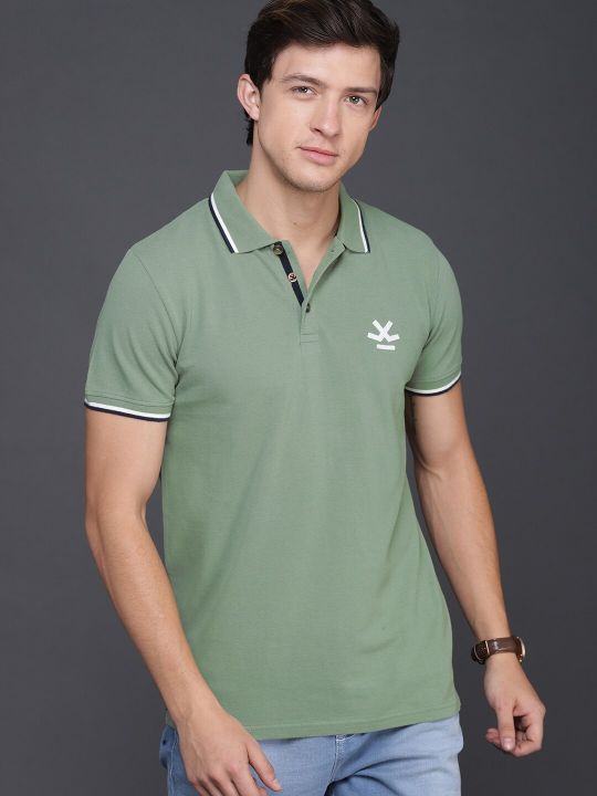 WROGN Men Green Slim Fit Polo Collar Cotton Pure Cotton T-shirt