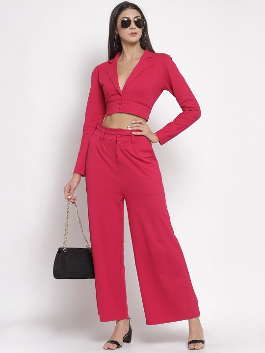 YOONOY Women Pink Solid Pure Cotton Single-Breasted Blazer