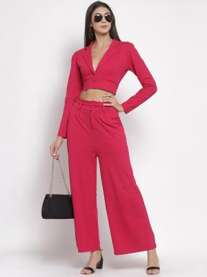 YOONOY Women Pink Solid Pure Cotton Single-Breasted Blazer