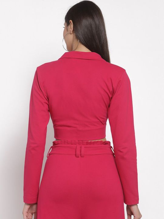 YOONOY Women Pink Solid Pure Cotton Single-Breasted Blazer