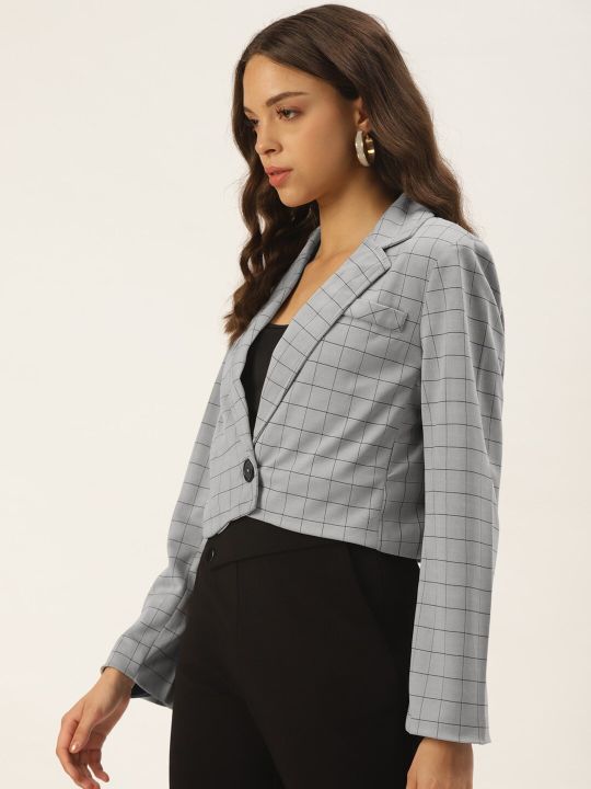 Zastraa Women Grey Checked Single-Breasted Blazer