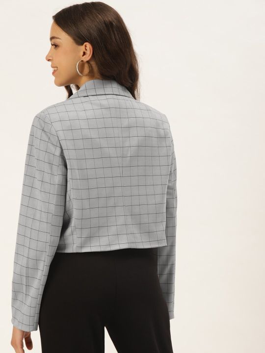 Zastraa Women Grey Checked Single-Breasted Blazer