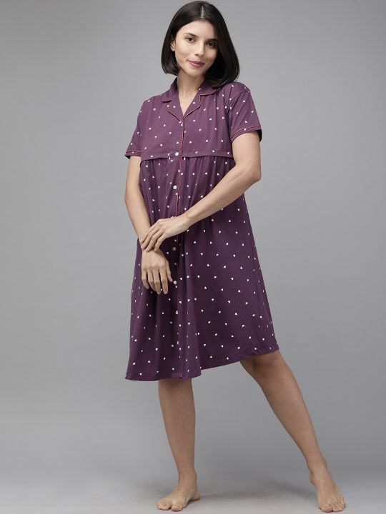 Zeyo Purple & White Printed Cotton Maternity & Feeding Nightdress