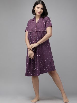 Zeyo Purple & White Printed Cotton Maternity & Feeding Nightdress