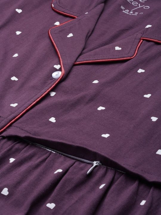 Zeyo Purple & White Printed Cotton Maternity & Feeding Nightdress