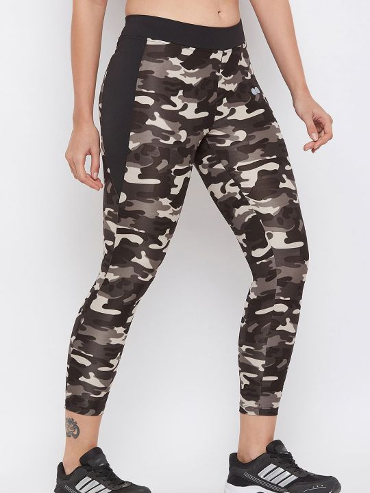 Camouflage Print Activewear Ankle-Length Tights in Dark Grey