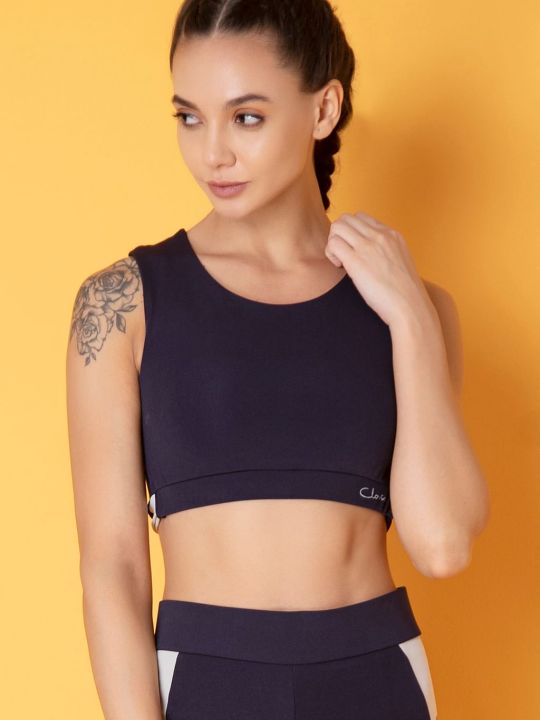 Comfort-Fit Active Colourblock Active Crop Top in Navy with Cut-Out Detail on Back