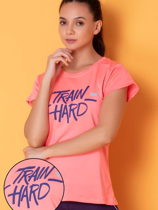 Comfort Fit Active Text Print T-shirt in Baby Pink - Cotton Rich