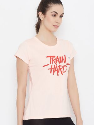 Comfort Fit Active Text Print T-shirt in Peach - Cotton Rich