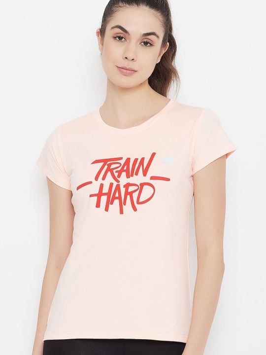 Comfort Fit Active Text Print T-shirt in Peach - Cotton Rich