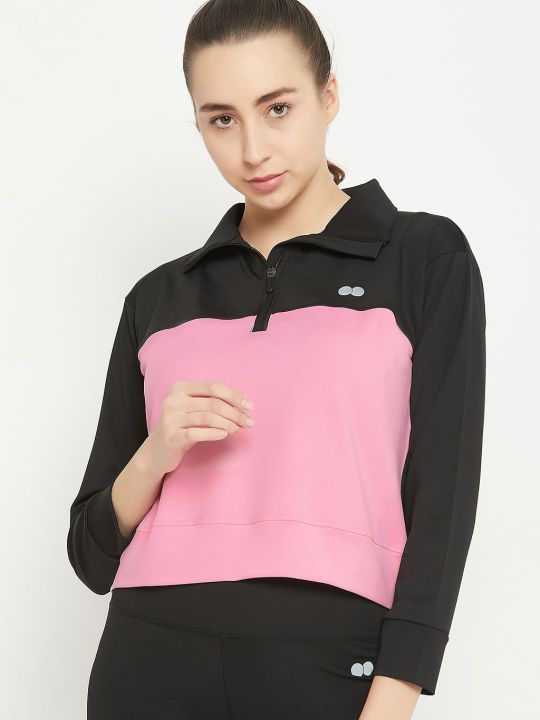 Comfort-Fit Active Zipper Top in Black with Pink Panels