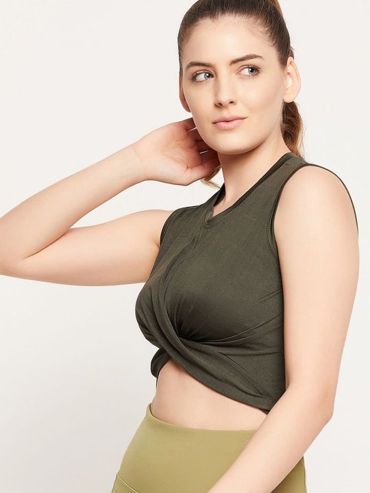 Comfort-Fit Front Knot Active Crop Top in Dark Green