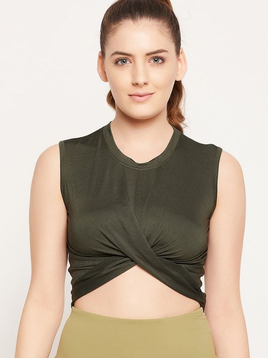Comfort-Fit Front Knot Active Crop Top in Dark Green