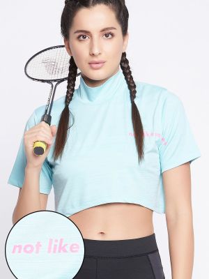 Comfort Fit Text Print Turtleneck Active Crop Top in Sky Blue