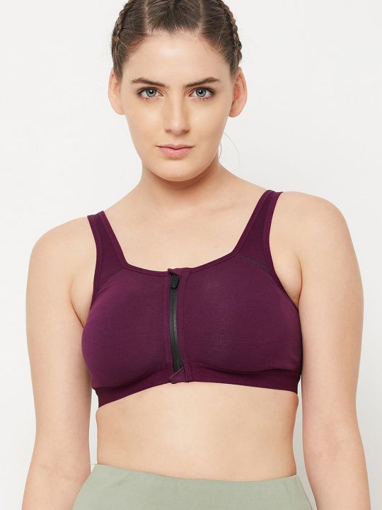 High Impact Lightly Padded Spacer Cup Active Sports Bra in Wine Colour with Front Zipper - Cotton