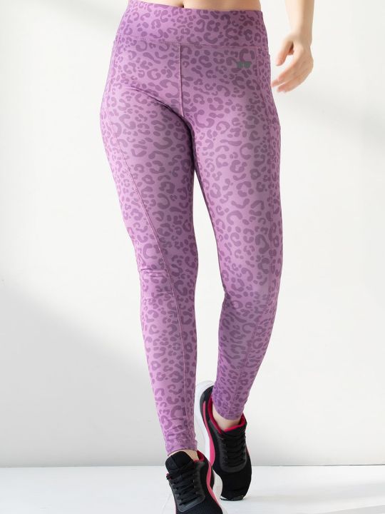 High-Rise Ankle-Length Animal Print Active Tights in Lilac with Side Pockets