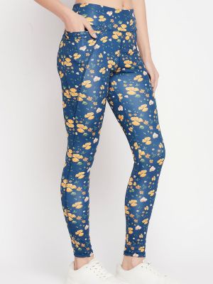 High-Rise Floral Print Active Tights in Navy with Side Pocket