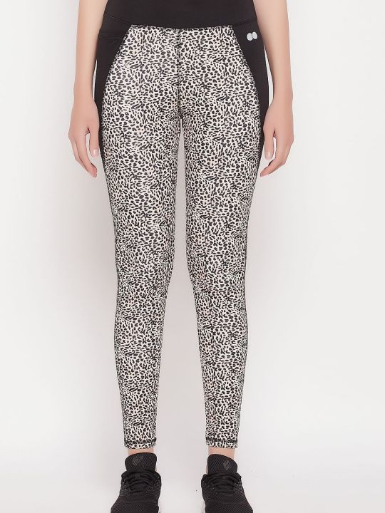 High-Rise Leopard Print Active Tights in Brown with Panels & Side Pocket