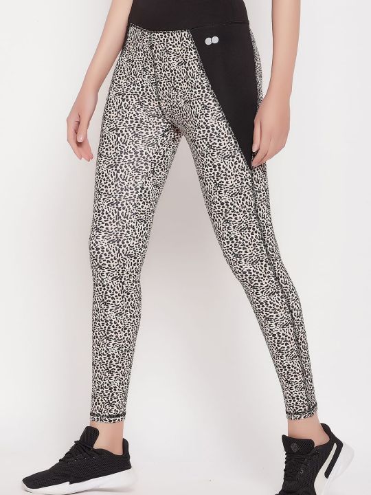 High-Rise Leopard Print Active Tights in Brown with Panels & Side Pocket