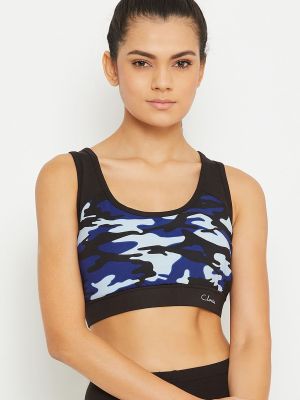 Medium Impact Padded Camouflage Print Racerback Sports Bra in Blue